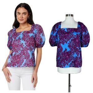 Lilly Pulitzer | Torrey Floral Puff Sleeve Blue Purple Square Neck Top Blouse 12